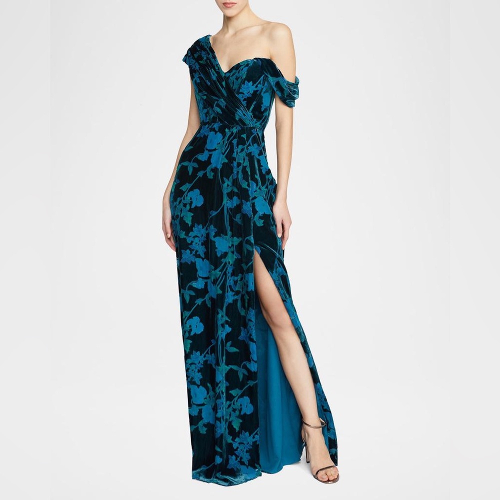 Theia Priscilla One-Shoulder Velvet Jacquard Gown Night Swim Floral
